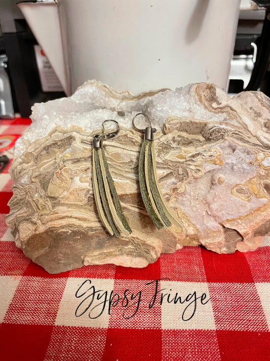 Olive Green Fringe Leather Earrings