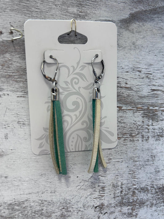 Tan /Green Fringe Leather Earrings