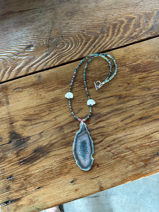Blue/Pink Agate Necklace Earrings